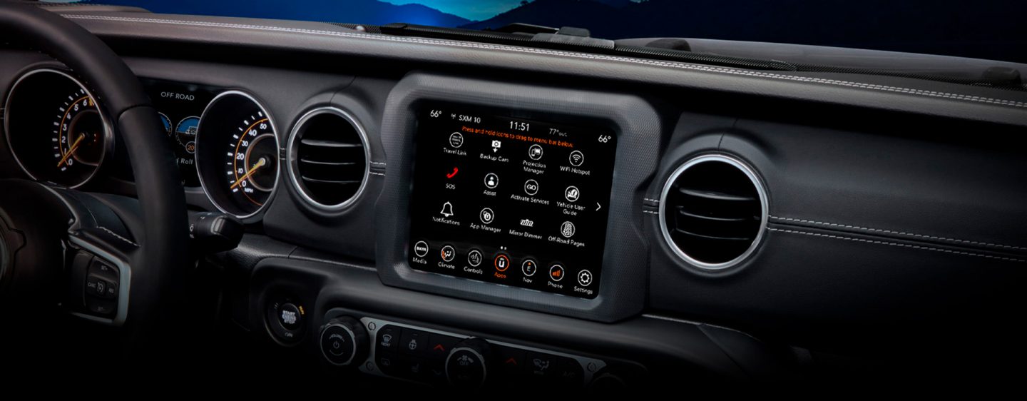 A close-up of the touchscreen in the 2022 Jeep Wrangler Rubicon, displaying the available Navigation screen.