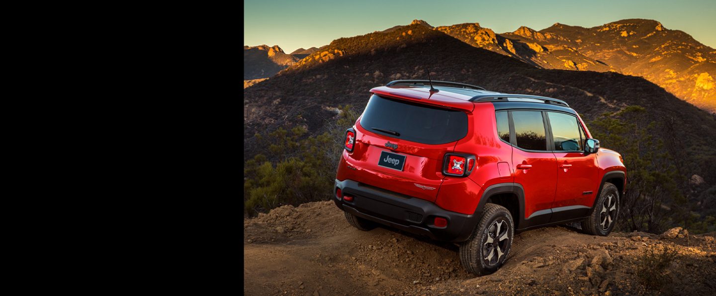 The 2020 Jeep Renegade about to descend a steep hilltop.
