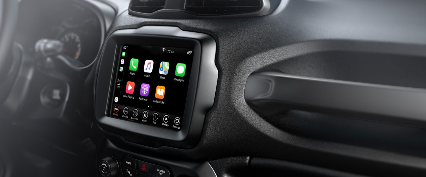 The available Uconnect touchscreen on the 2020 Jeep Renegade displaying app selections.