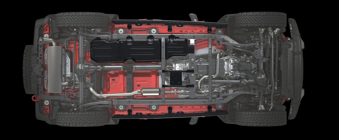 The underside of the 2020 Jeep Wrangler Rubicon showing the standard skid plates.