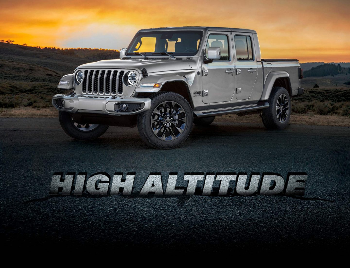 High Altitude. A three-quarter front profile of the 2022 Jeep Gladiator High Altitude at sunrise.