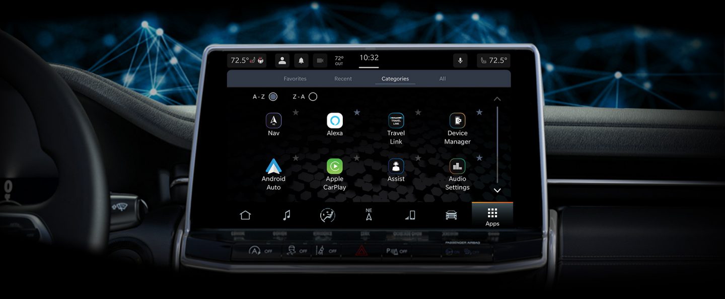 The Uconnect touchscreen in the 2023 Jeep Compass displaying a variety of available apps.