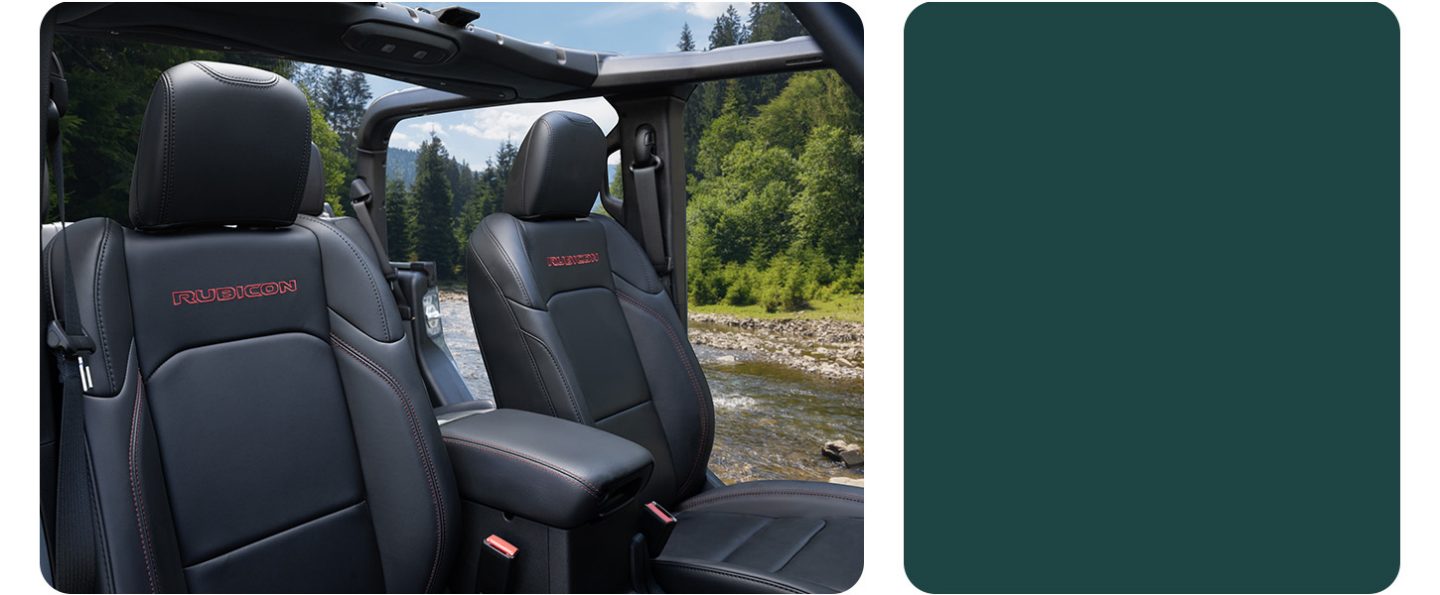 The front seats in the 2026 Jeep Gladiator Rubicon X with its doors and top removed.
