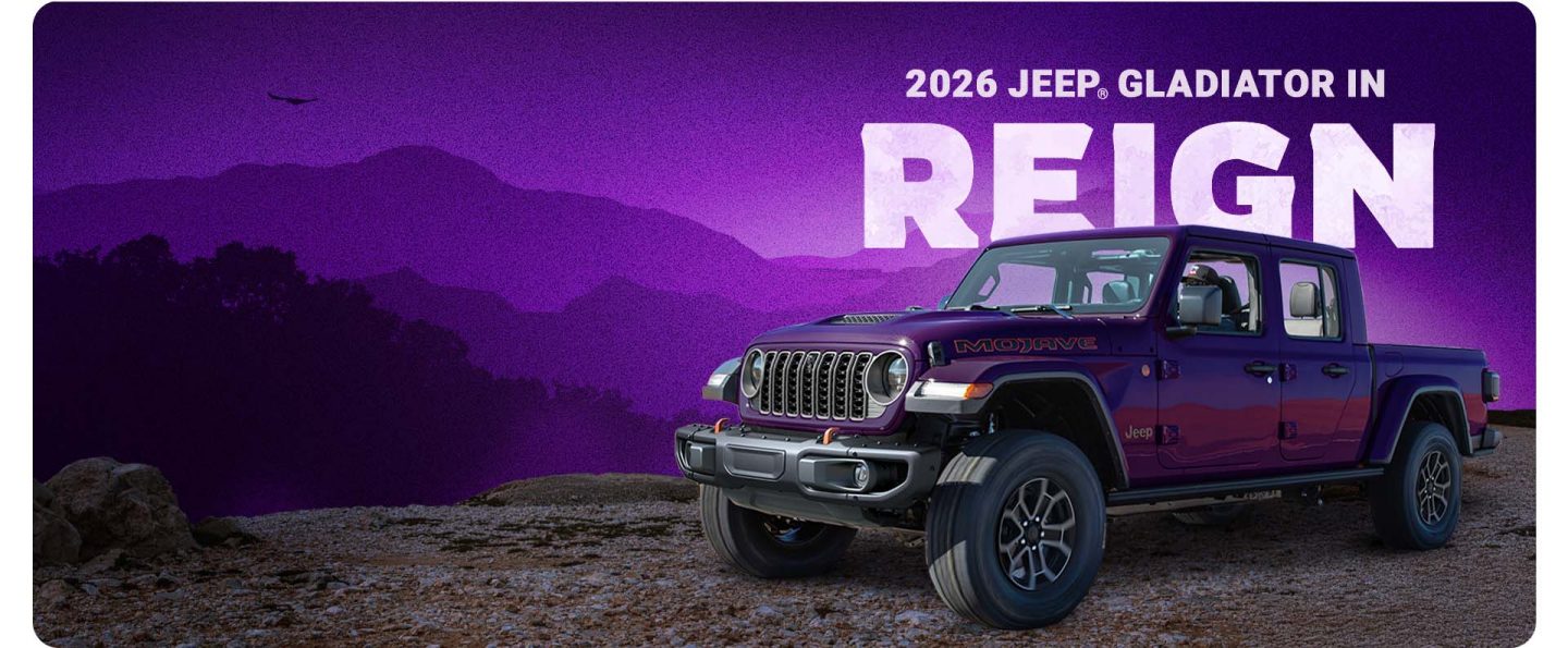 A dark purple 2026 Jeep Gladiator Rubicon X four-door with an illustrated purple mountain range in the background. 2026 Jeep Gladiator in Reign.