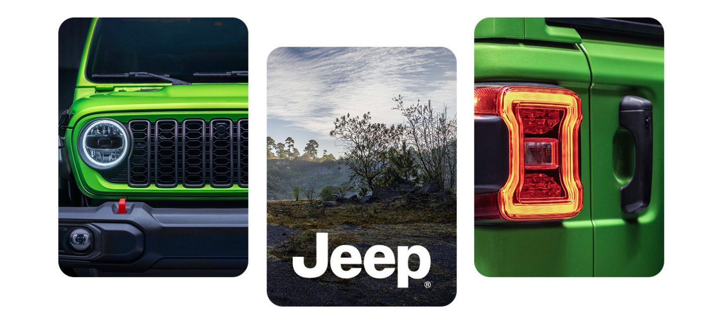 The grille, headlamps and red tow hooks on a lime green 2026 Jeep Wrangler Rubicon.