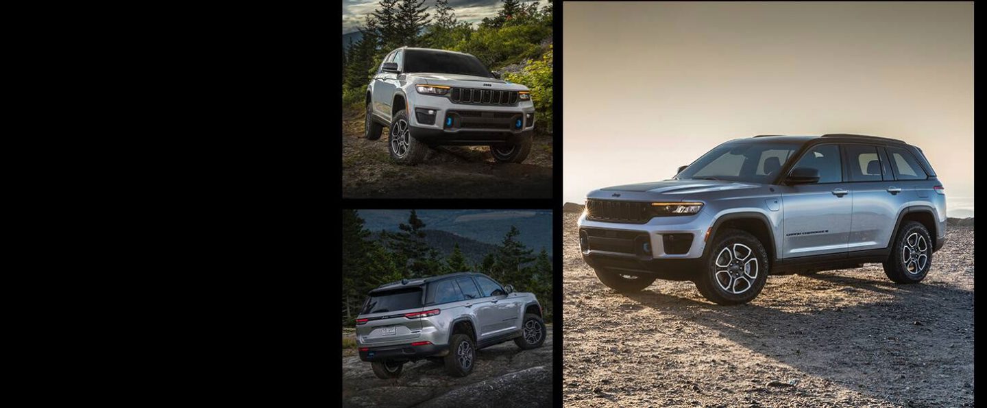 A collage of three images of the 2022 Jeep Grand Cherokee Trailhawk 4xe being driven off-road in different environments: woods, mountain, and desert.