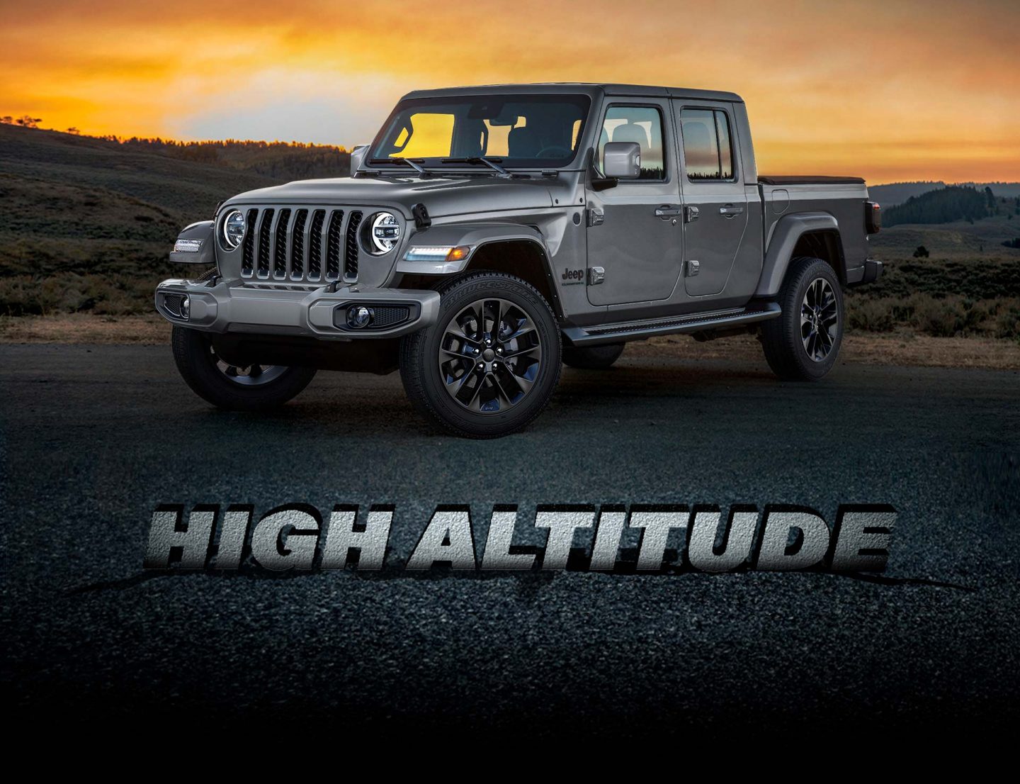 High Altitude. A three-quarter front profile of the 2023 Jeep Gladiator High Altitude at sunrise.