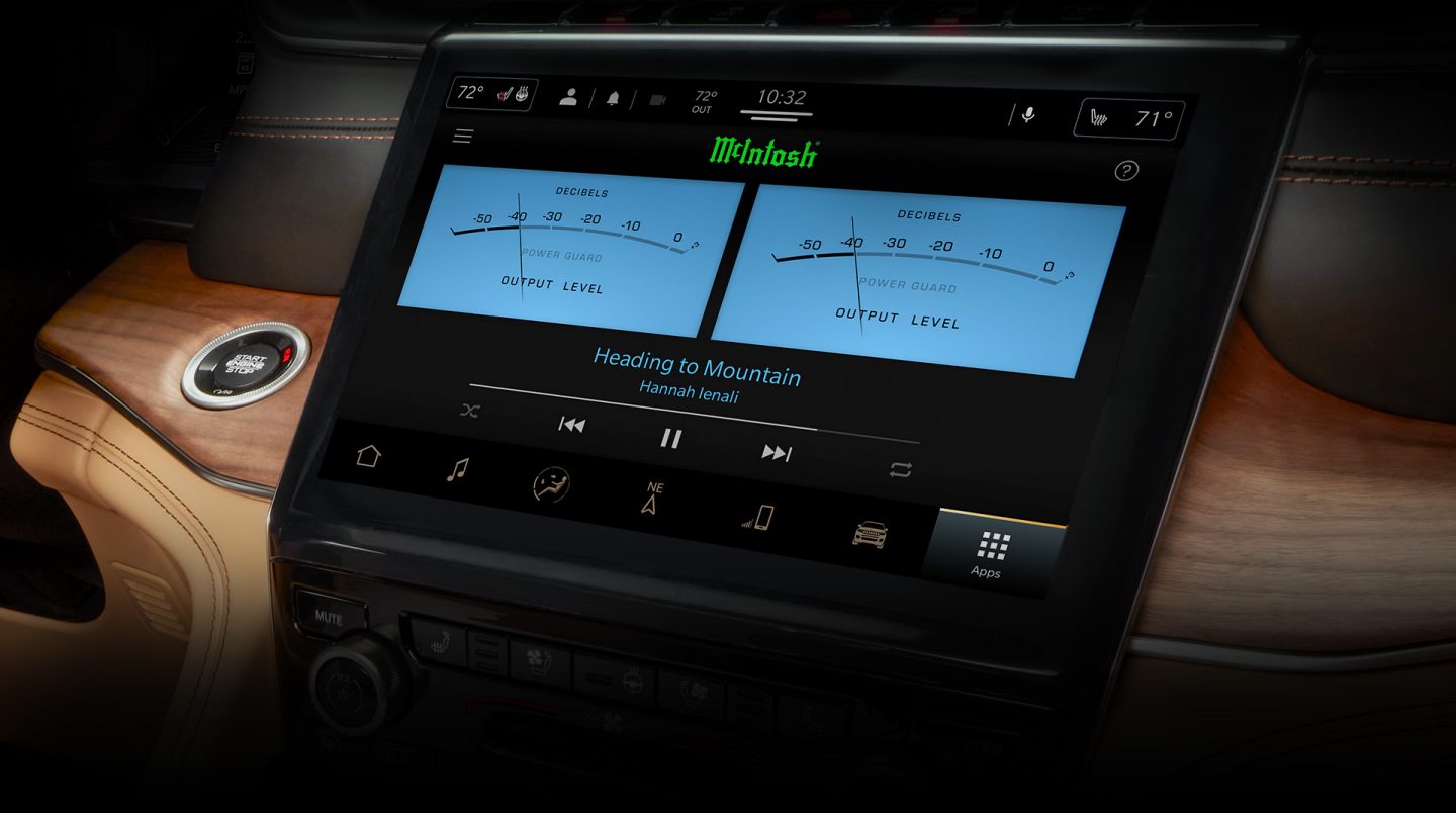 The Uconnect touchscreen in the 2024 Jeep Grand Cherokee Summit Reserve displaying the output levels of the McIntosh Audio System.
