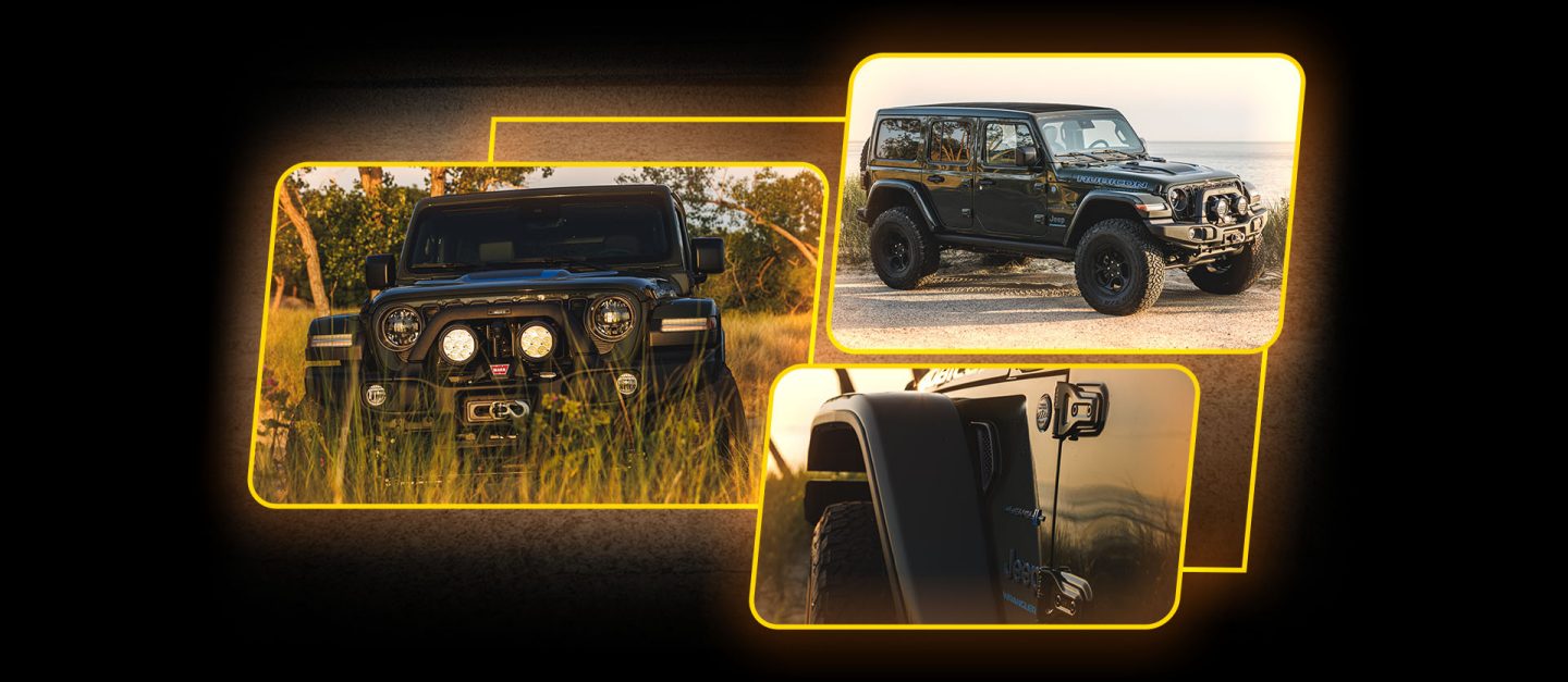 Three angles of the 2024 Jeep Wrangler Rubicon 4xe with the Level II Package by American Expedition Vehicles: the front end with LED off-road lights and AEV front steel bumper, a passenger-side full vehicle profile and a fender flair and tire.